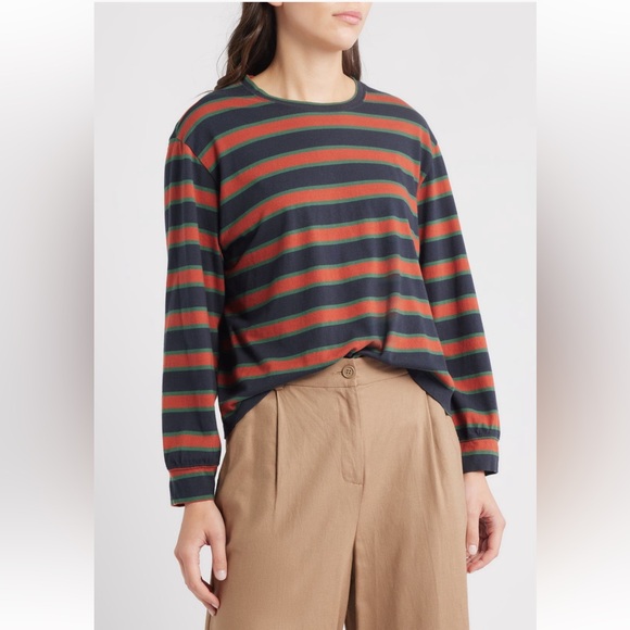 THE GREAT. Campus Crew Long Sleeve T-Shirt Rancho Stripe Cotton Retro L 3